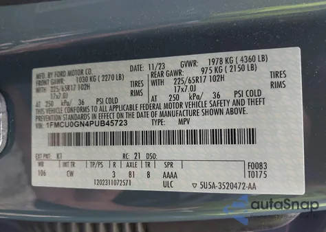 2023 Ford Escape Active from USA, damaged, VIN 1FMCU0GN4PUB45723